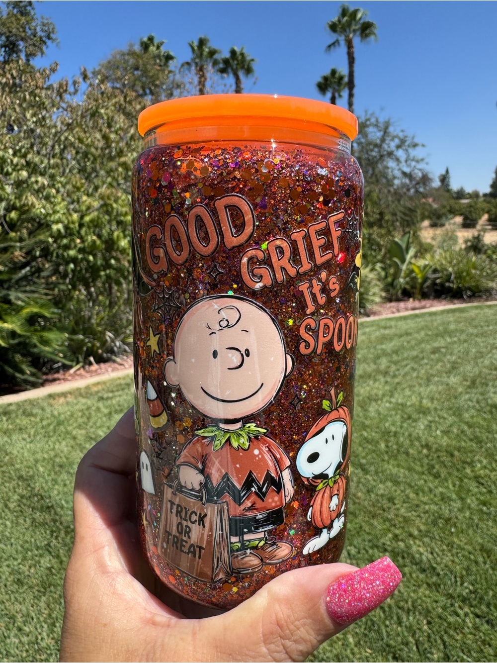 Charlie Brown and the peanuts good grief Snoopy Halloween snow globe tumbler